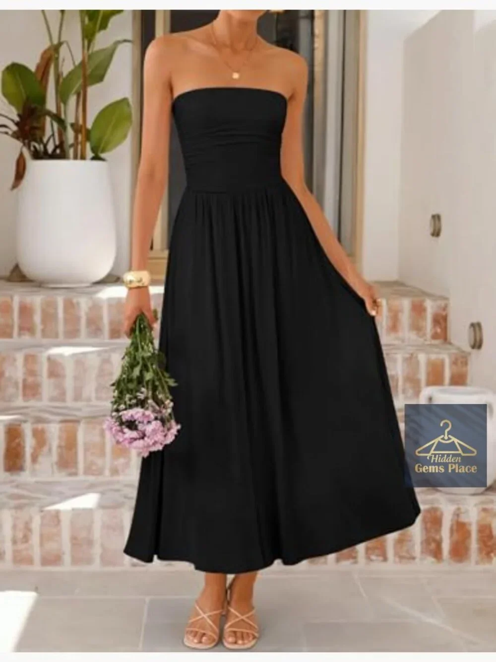 Sleeveless Strapless Ruched A-Line Midi Dress Flowy Wedding Guest